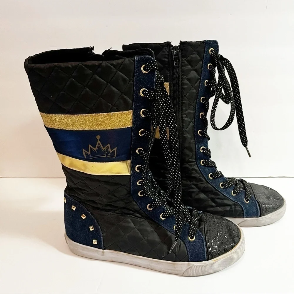 Disney D-Signed Girls Boots Blue Crown Sz 5 Black Sparkle Lace Tall Descendants